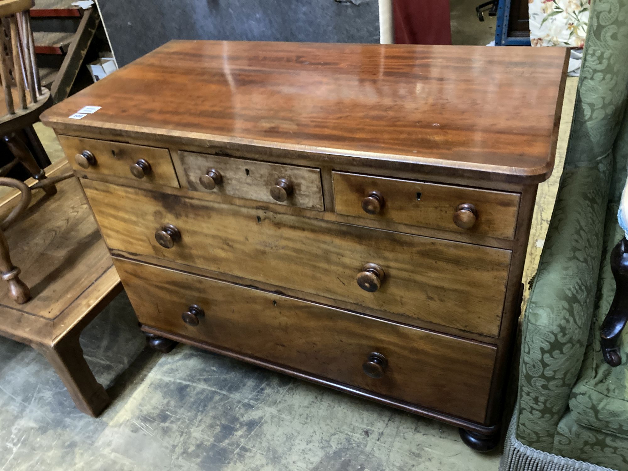 A Victorian mahogany low chest of drawers, width 105cm, depth 52cm, height 82cm
